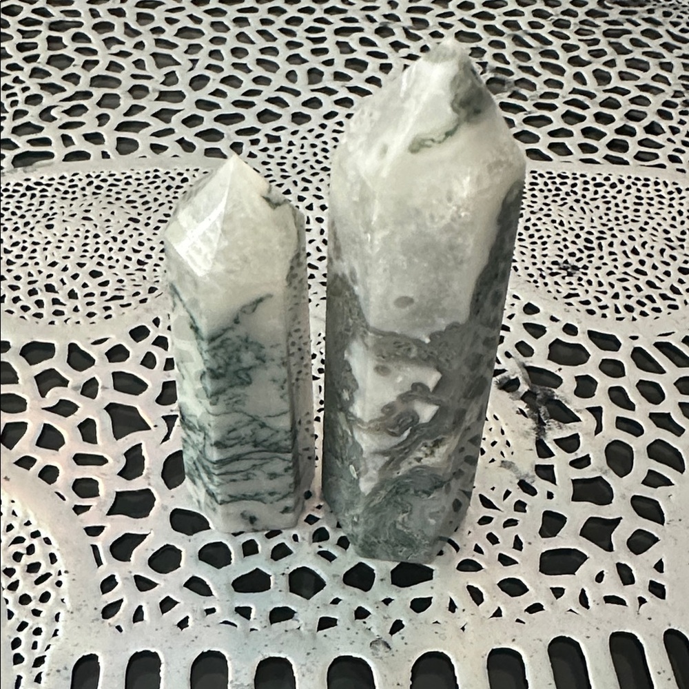 Moss Agate Crystal Obelisk Set